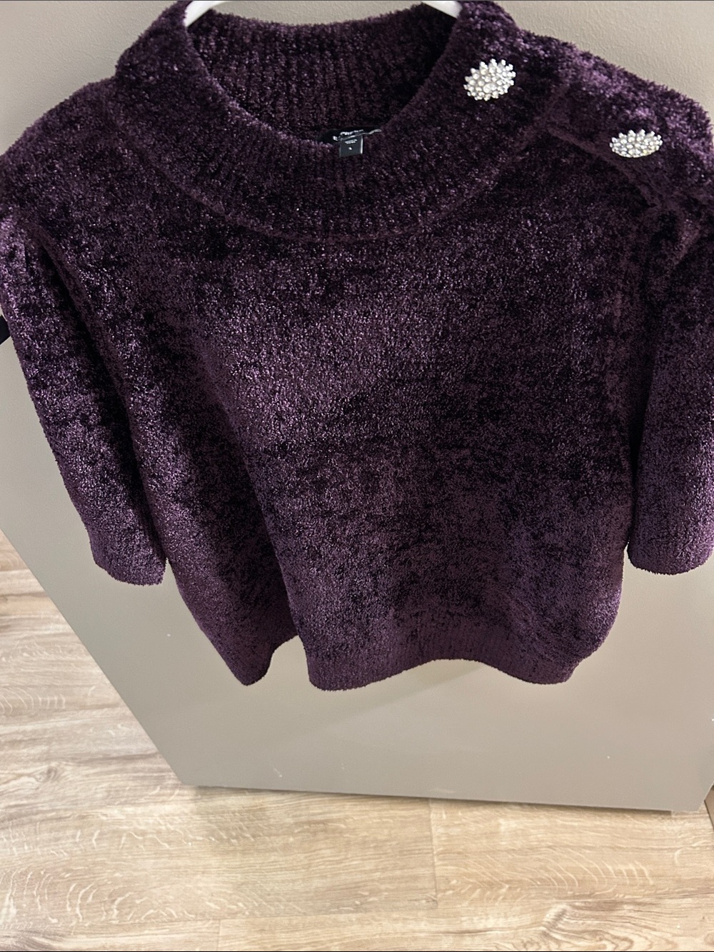 Express Plush Chenille Short-Sleeve Sweater in Deep Plum with Rhinestone Buttons